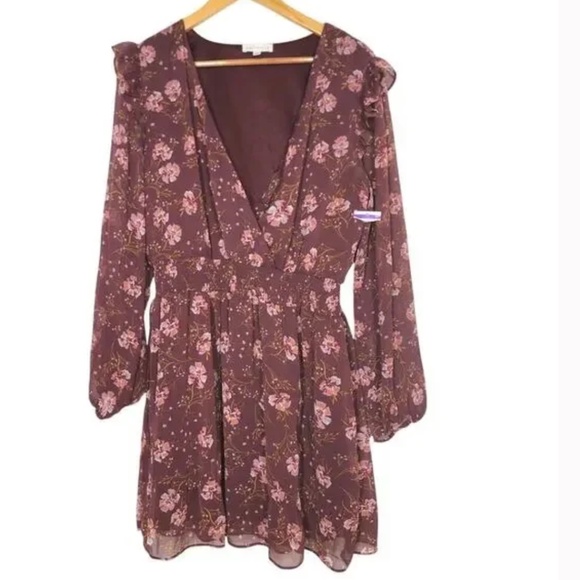 Socialite Dress Floral Boho Smocked Waist Long Sleeve Mini Burgundy Red Large - Picture 1 of 5